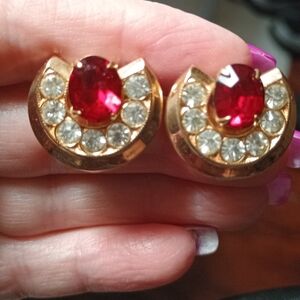 Vintage  Gold and Red Rhinestone  Earrings By Coro